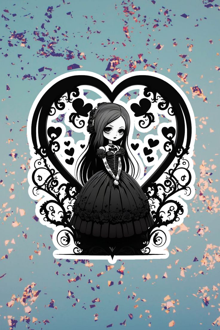 Chibi Goth Valentine Vampire Girl Swirly Heart Frame Sticker
