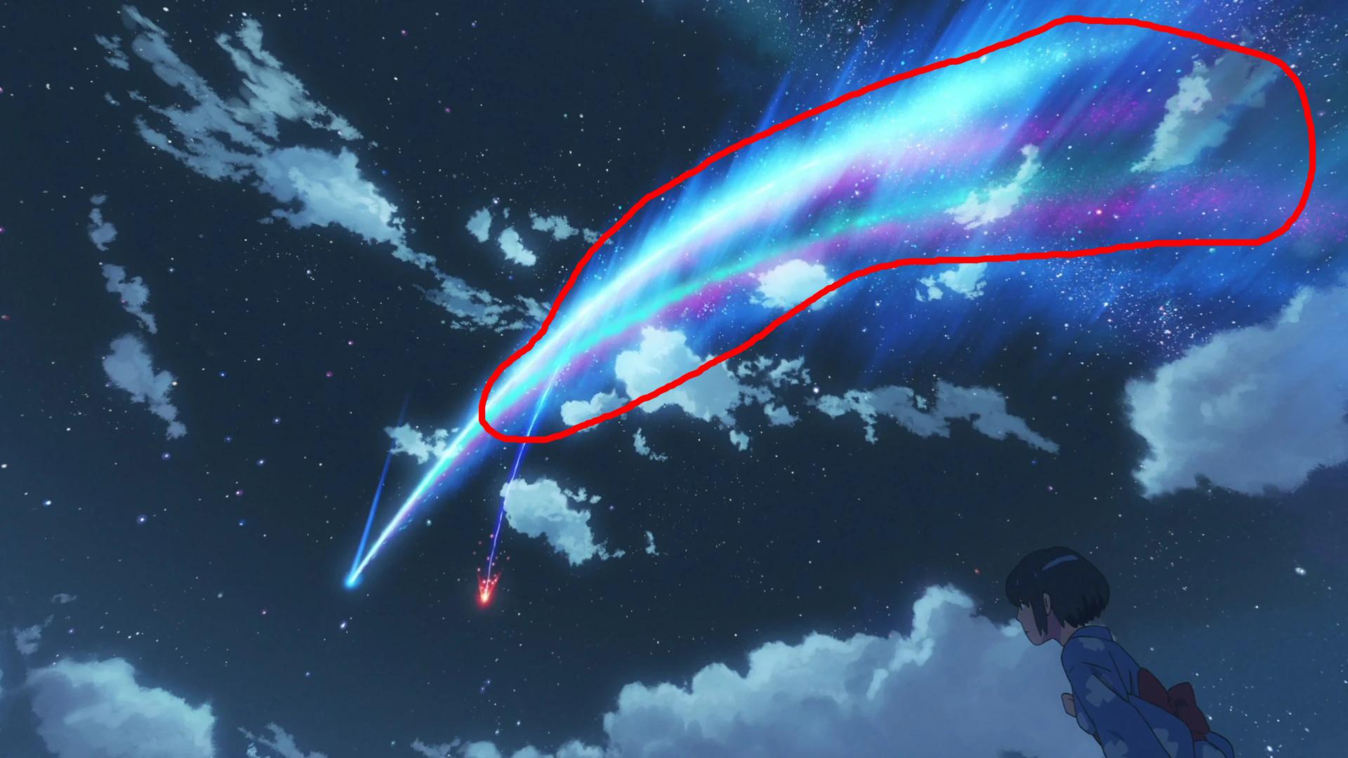While I watch the movie Your Name did anyone notice the comet tiamat's tail color and what does it represent? Also, Any reason why the comet split into two and which comet
