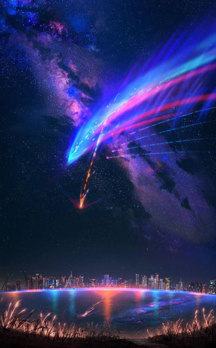 Download Your Name: A purple comet streaks across the night sky. Wallpaper