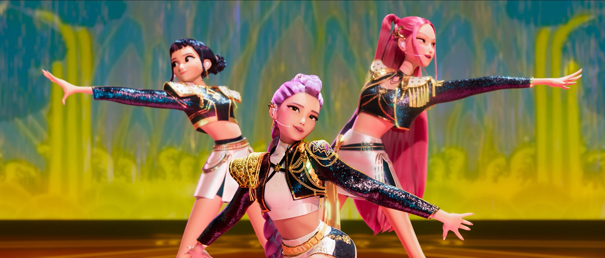 KPop Demon Hunters Trio: Rumi, Zoey & MiraK Ultra HD Movie Wallpaper