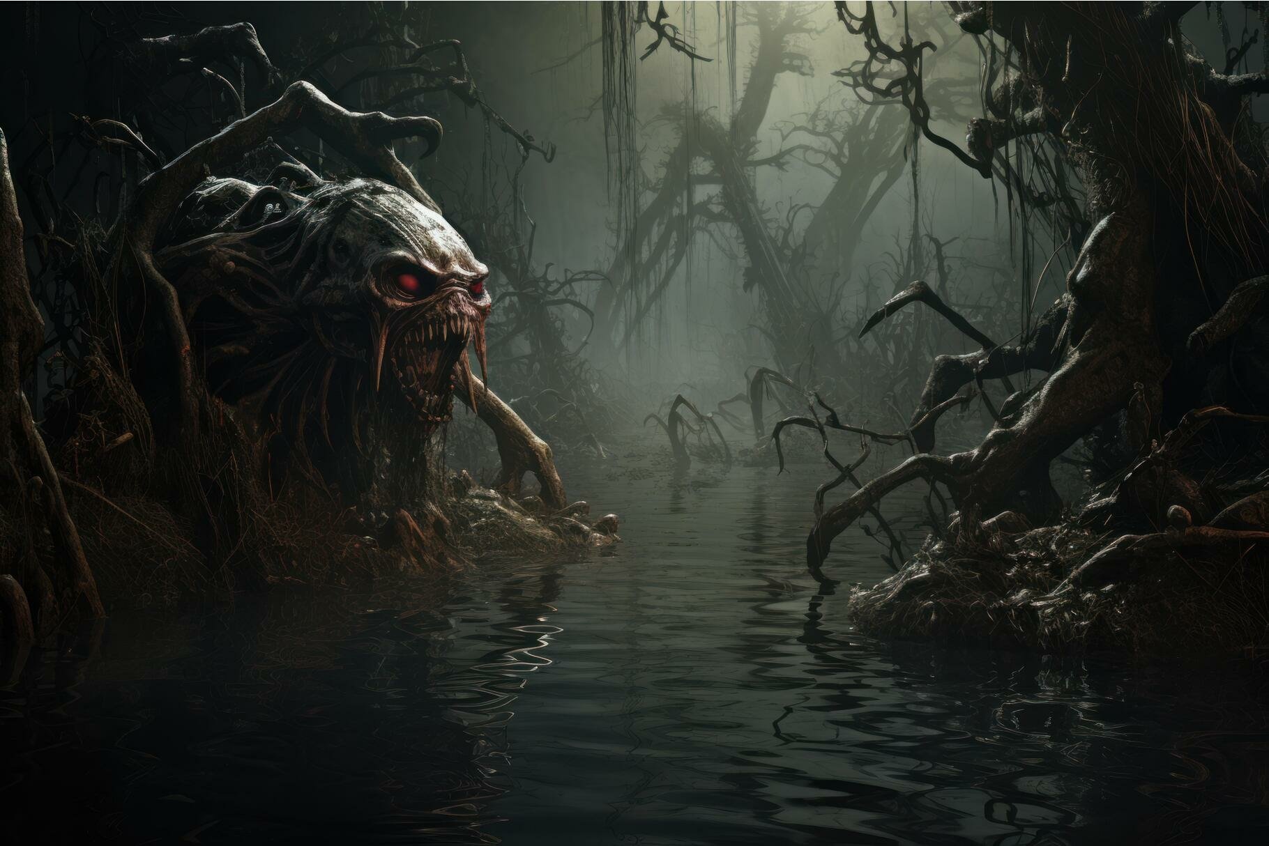 Terrifying Nightmare creature swamp. Generate Ai