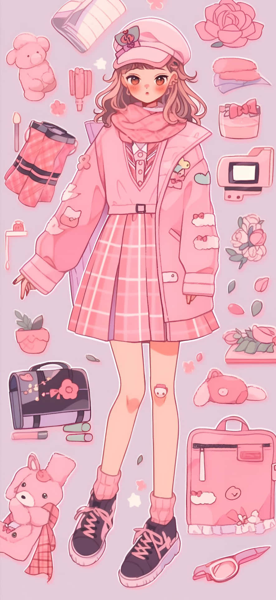 Download Preppy Pink Anime Girl Fashion Illustration Wallpaper