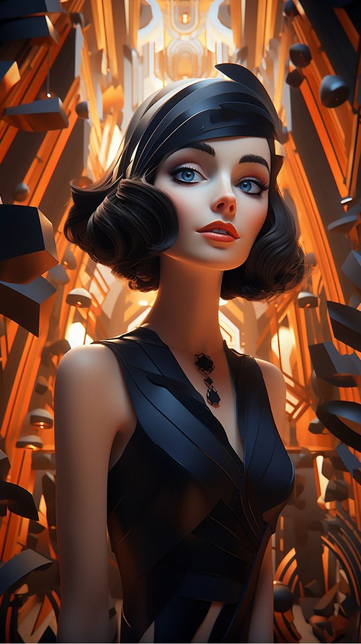 Cartoon Woman in Black dress and short hair. Next Gen Art