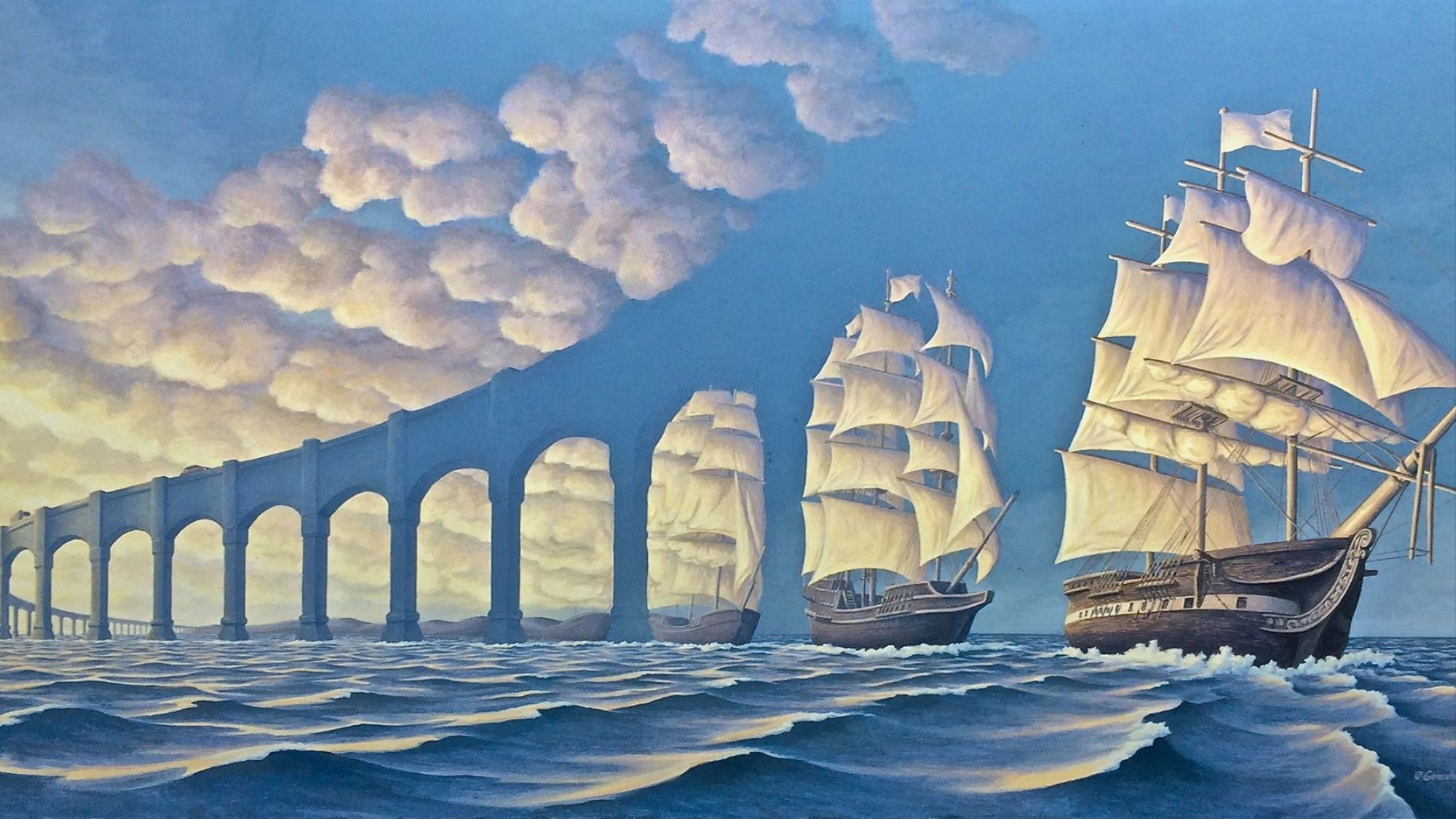 Wallpaper ship, painting, Optical illusion, Rob Gonsalves for mobile and desktop, section живопись, resolution 2000x1125