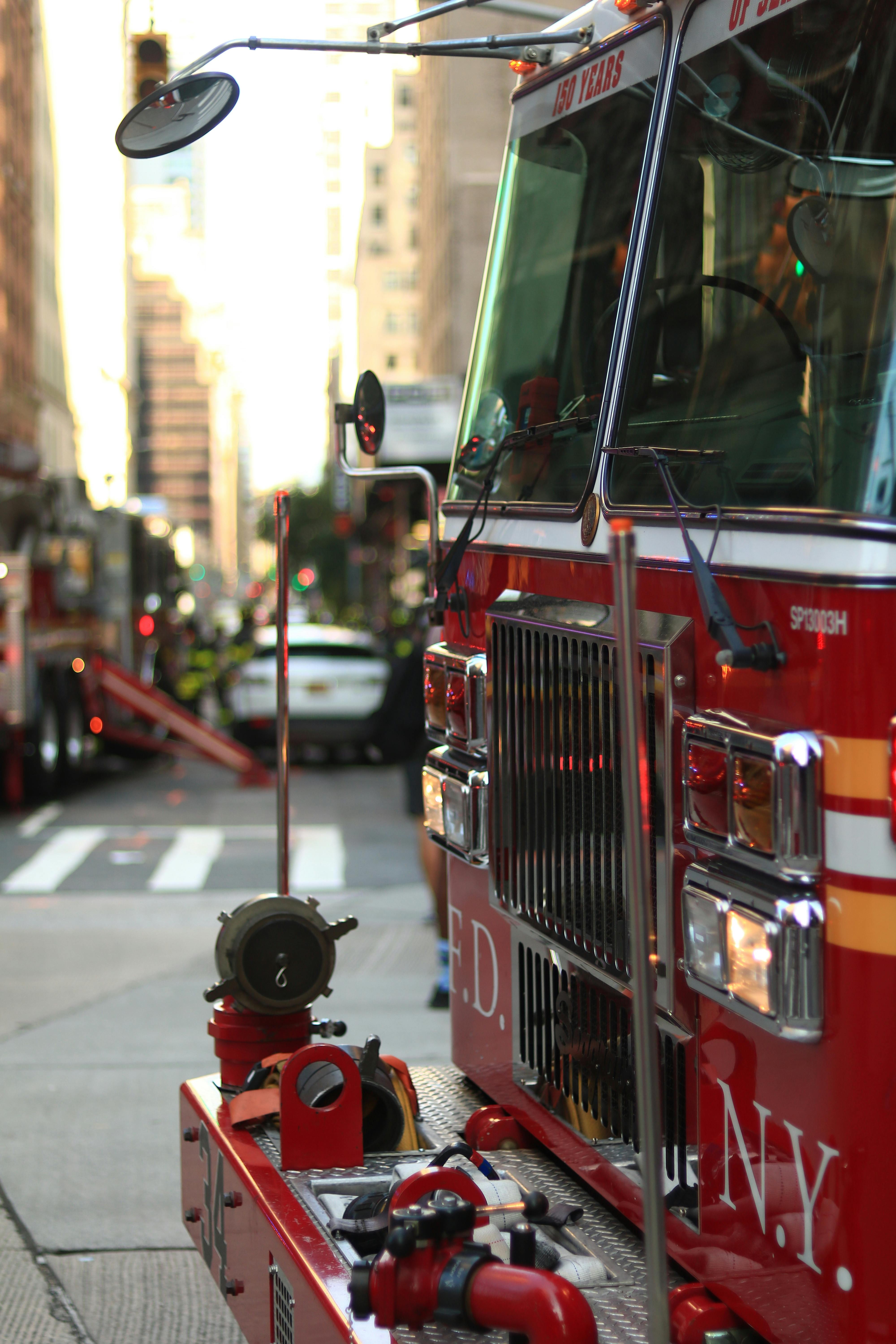 Parked Fire Truck on Wet Pavement