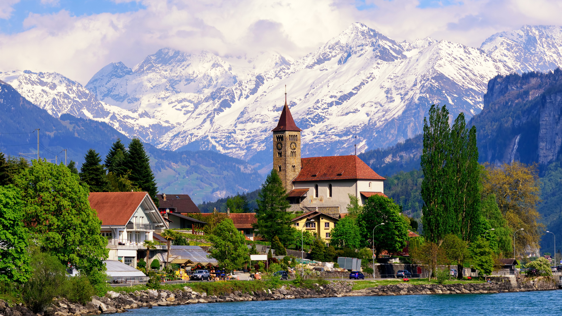 Beautiful houses in Switzerland by the lake Desktop wallpaper 1920x1080