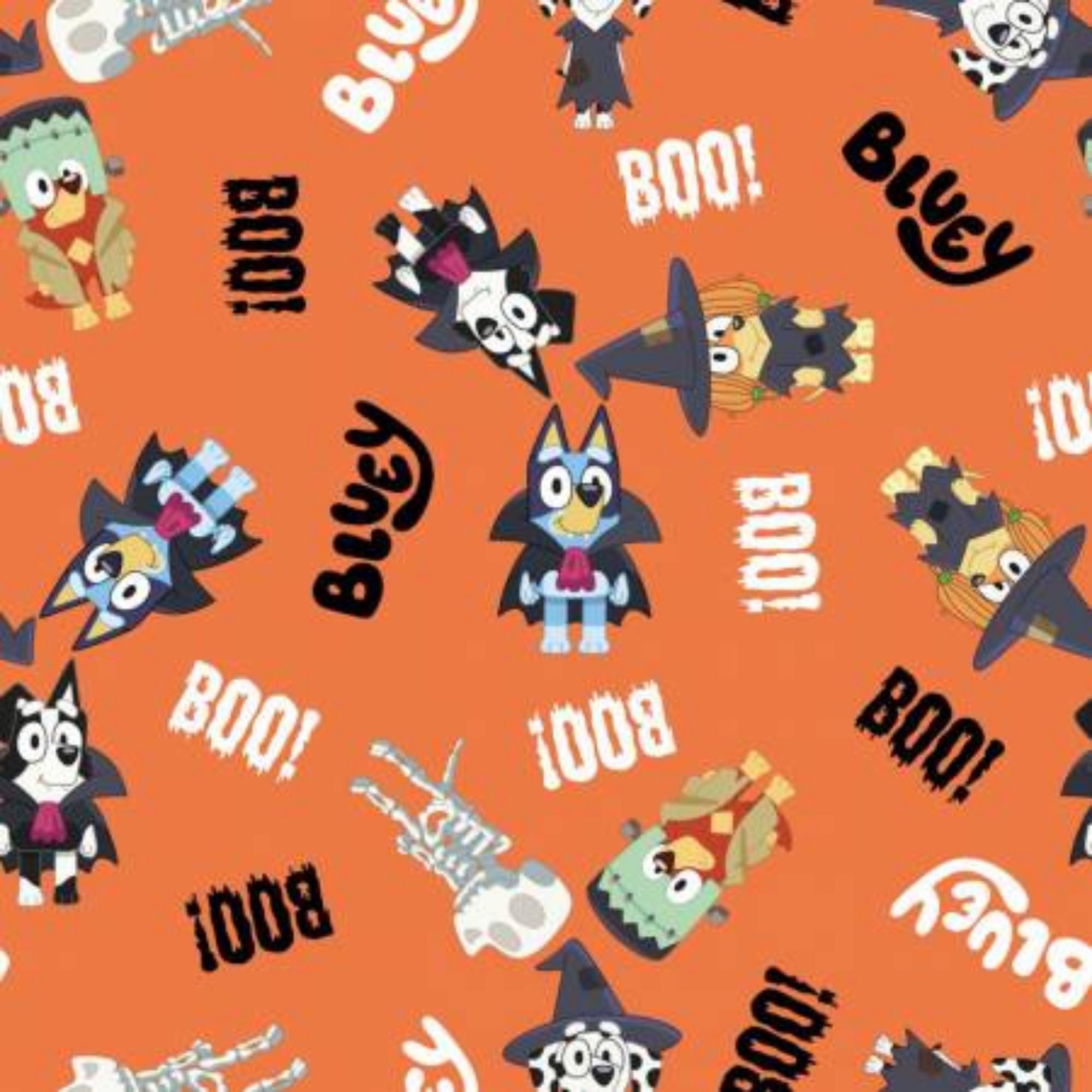 Bluey Halloween Fabric, Bluey and Friends Boo on Orange Licensed by Ludo Studios for Springs Creative Novelty Cotton Fabric