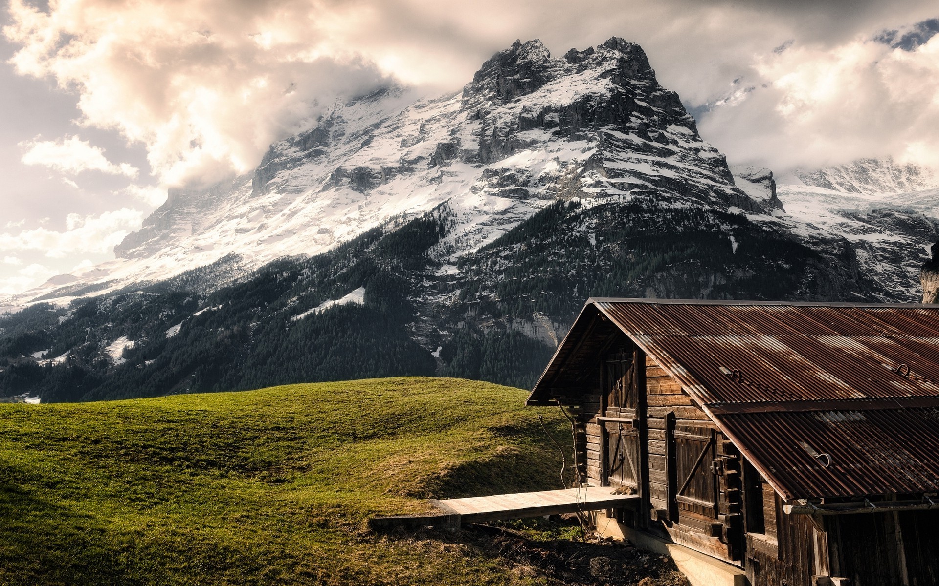 nature, Landscape, Mountain, Cabin, Forest, Clouds, Grass, Alps, Switzerland, Snowy Peak Wallpaper HD / Desktop and Mobile Background