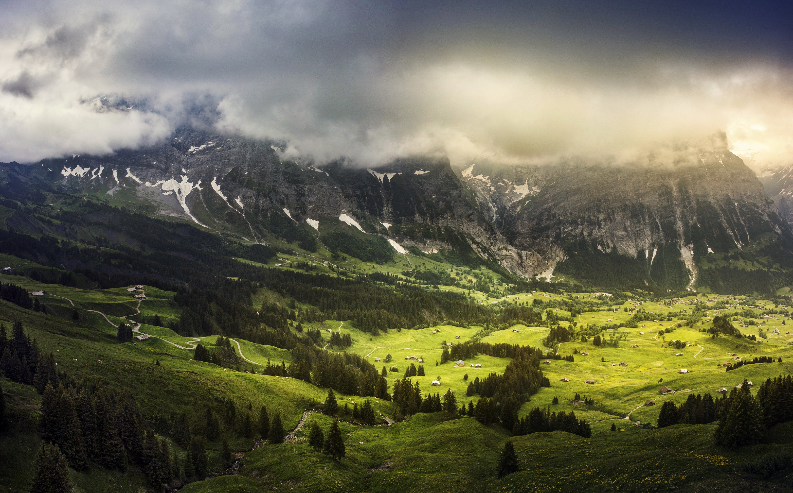Wallpaper greens, summer, clouds, Switzerland, valley, in the Canton of Bern, Grindelwald for mobile and desktop, section пейзажи, resolution 3216x2001