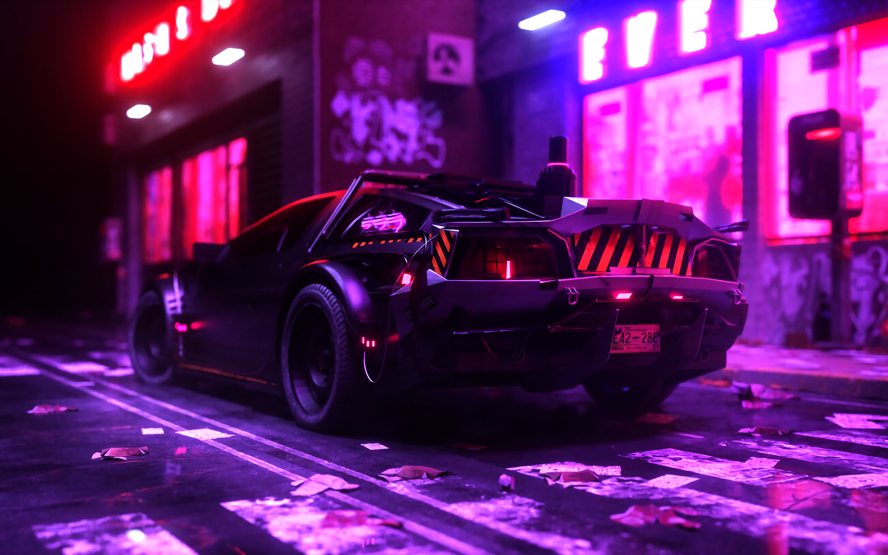 DMC DeLorean Wallpaper 4K, Synthwave, Neon, Cyberpunk