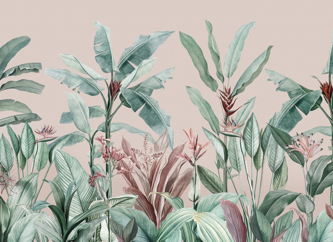 Pastel Pink & Green Vintage Tropical Mural