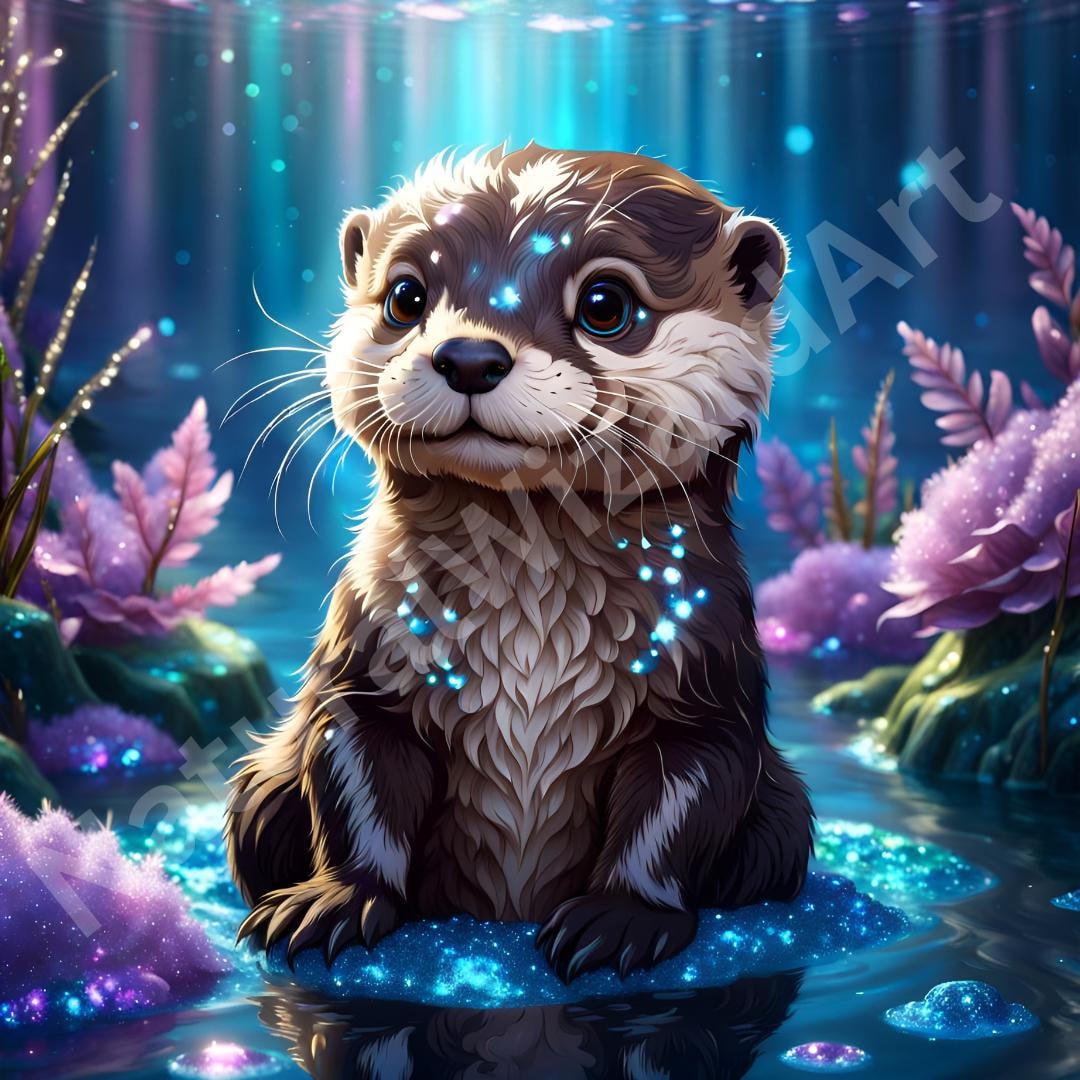 Glitter Otter Sparkly Digital Art, Printable PNG, Animal Decor, Unique Fantasy Wallpaper, Colorful Kids Room Poster, Bright Nursery Wall Art