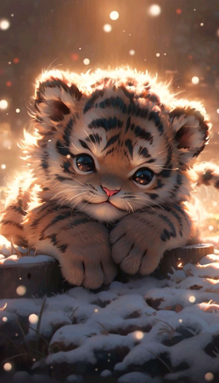 Adorable Tiger Cub Sitting in Snow
