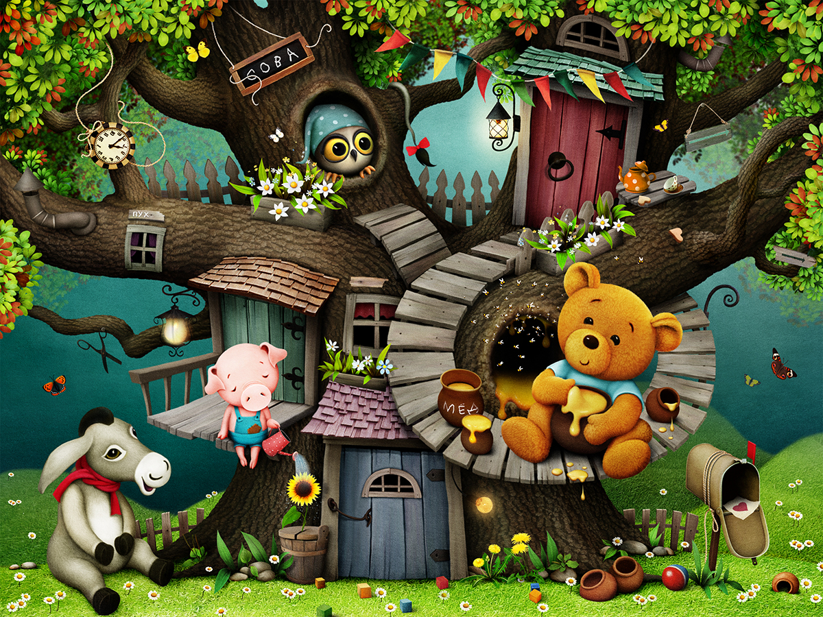 Cartoon Tree House with Cute Animals Kids Wallpaper®