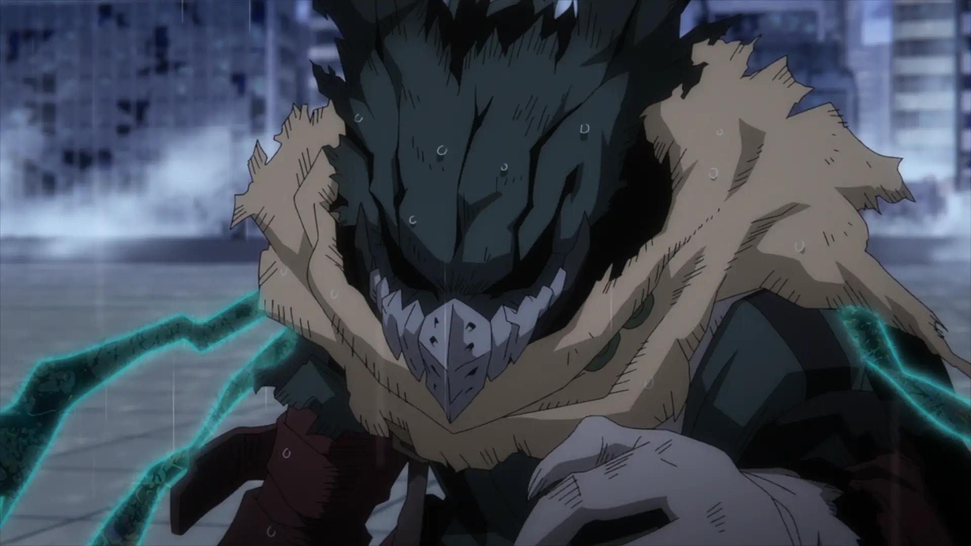 How does Dark Deku's costume go from looking fairly regular, to looking much more monstrous?