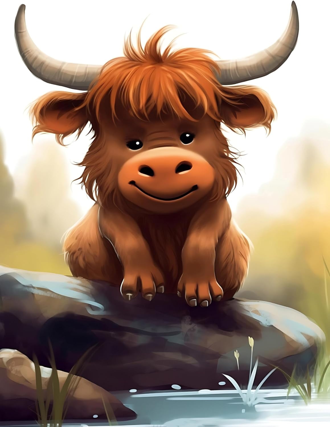 Animal Aesthetics Style Animal Nature Landscape Canvas Print Highland Cow On Stone Cute Funny Animal Picture Painting Art, Dining Room Wall Decor Ideas, Art Deco Frameless 12x16inch