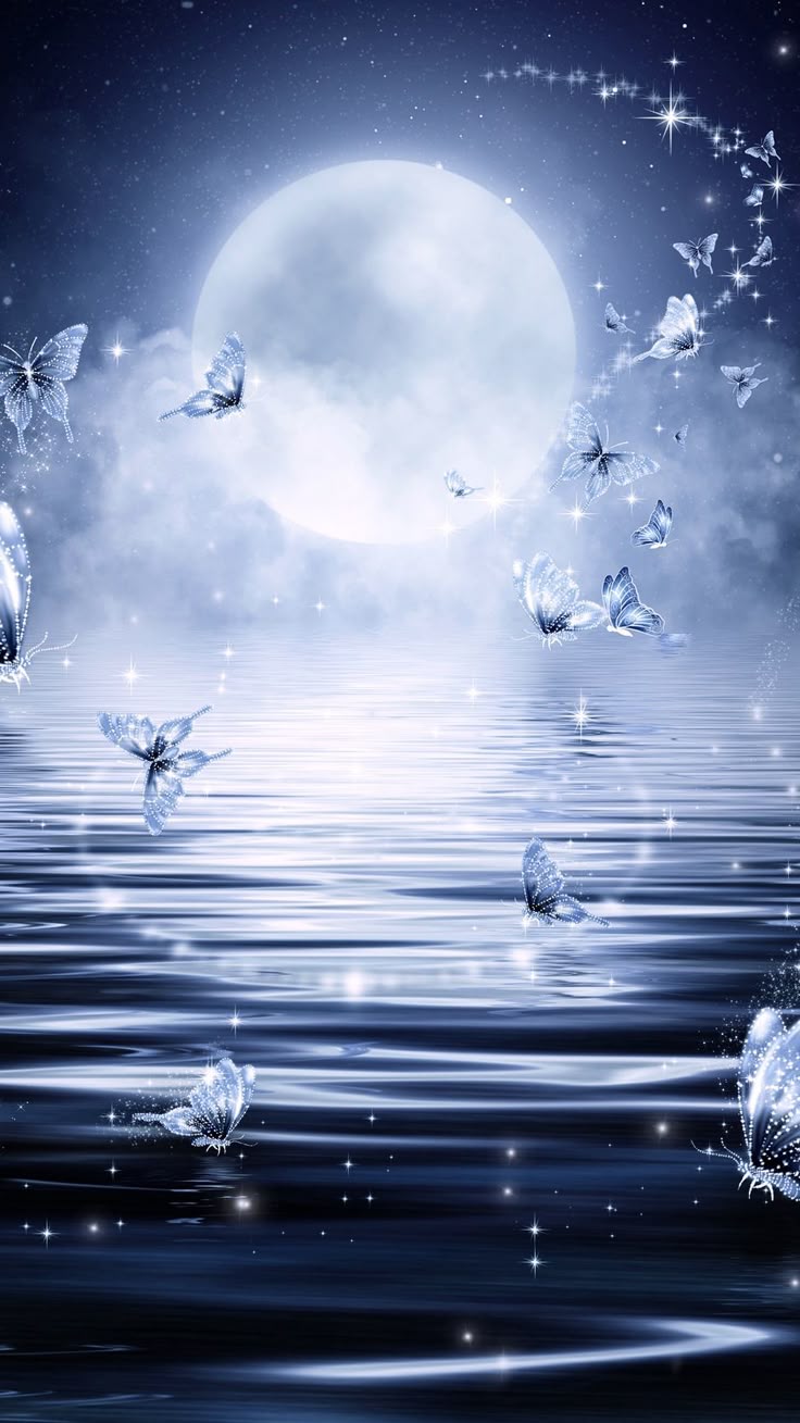 Moon, butterflies, stars background