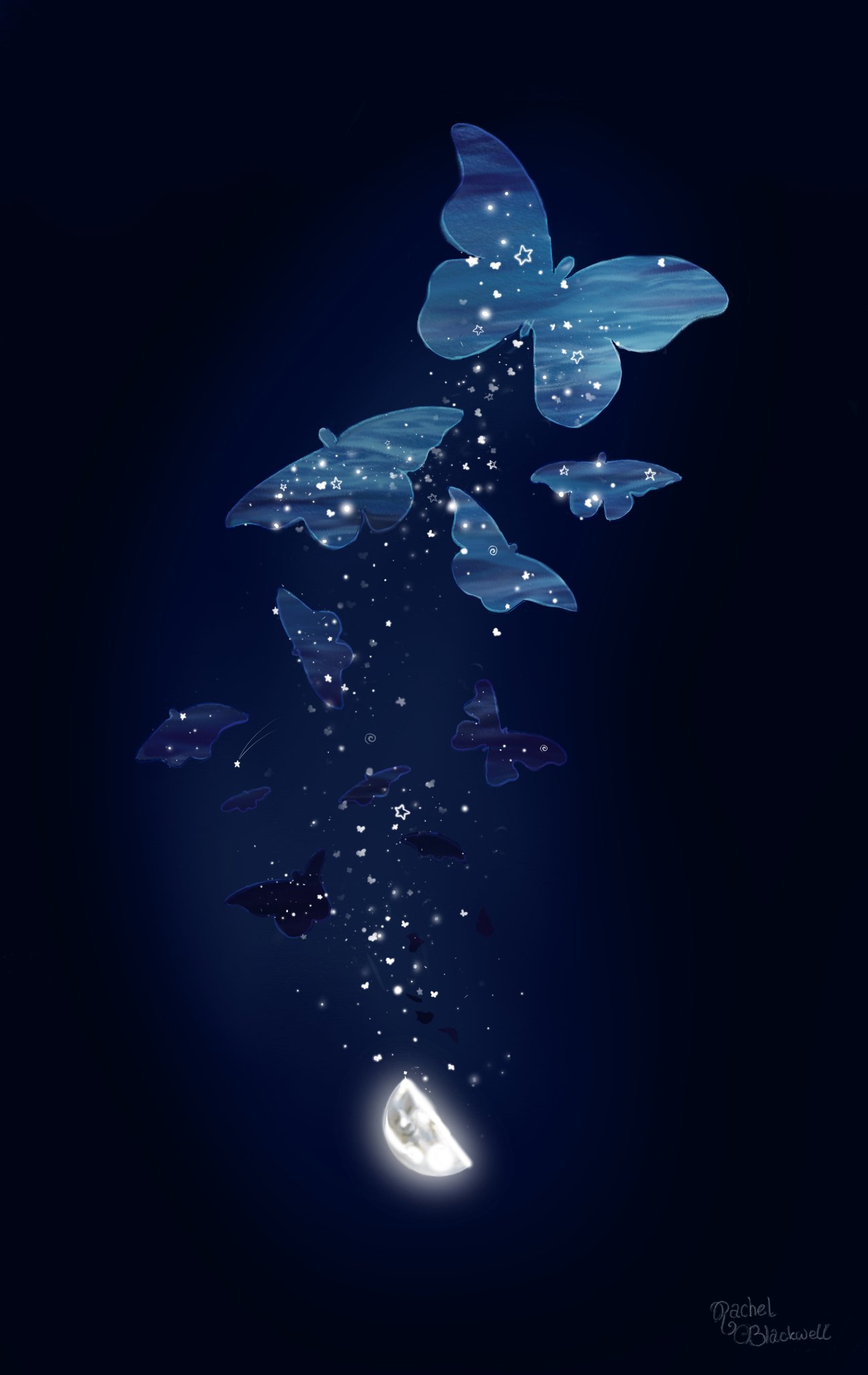 Rachel A Blackwell days of art Day 38 The butterflies that flew out of the moon. #moon #butterflies #stars #painting #art #magic #transformation #starlight #moonlight #mystical #flight #Illustration #mysteries #