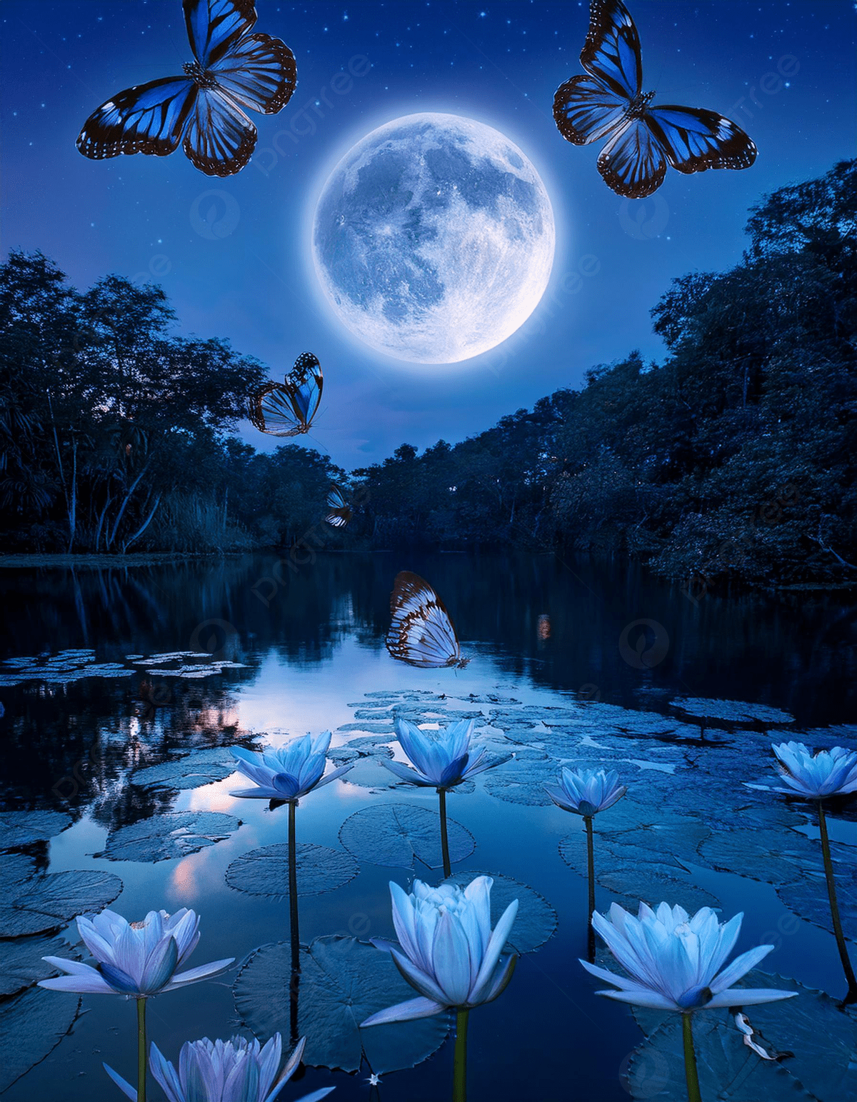 Blue Butterflies Fly Under A Full Moon Photo And Picture For Free Download