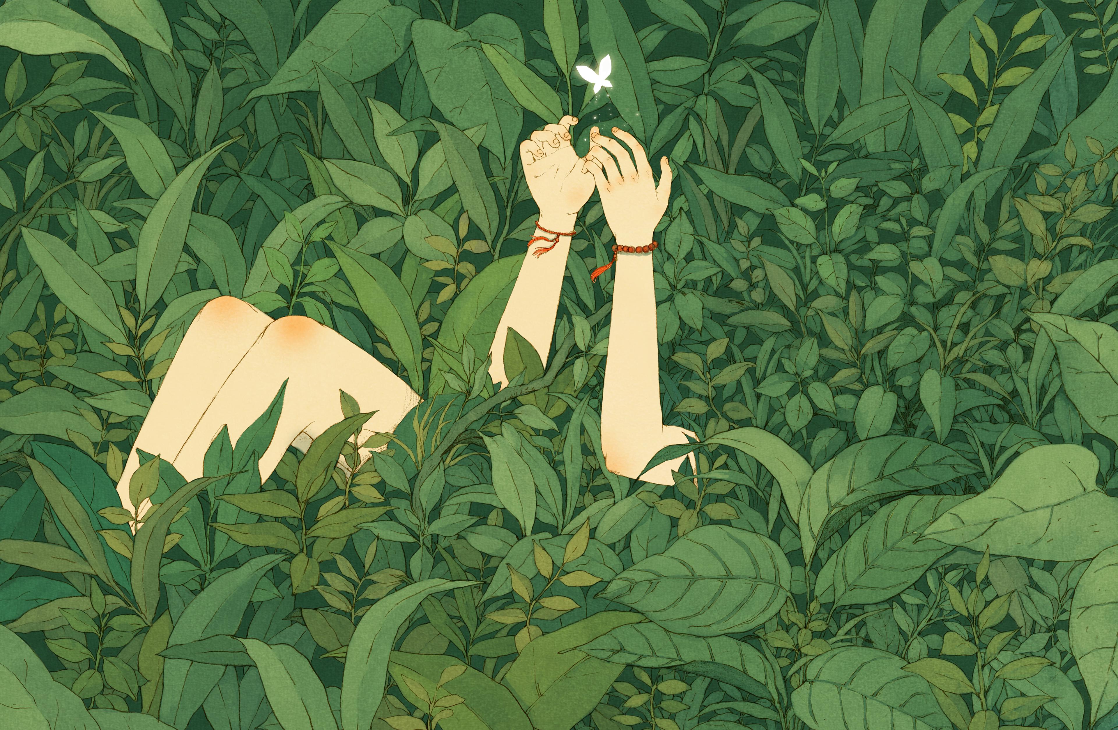 girl in plants drawing wallpaper. Looking for other wallpaper with a similar art style and resolution pls