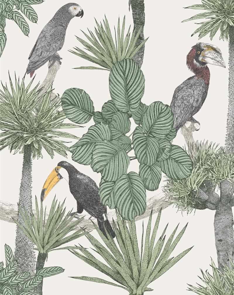SHOP Vintage Jungle Birds & Leaves Green Peel & Stick Wallpaper Mural