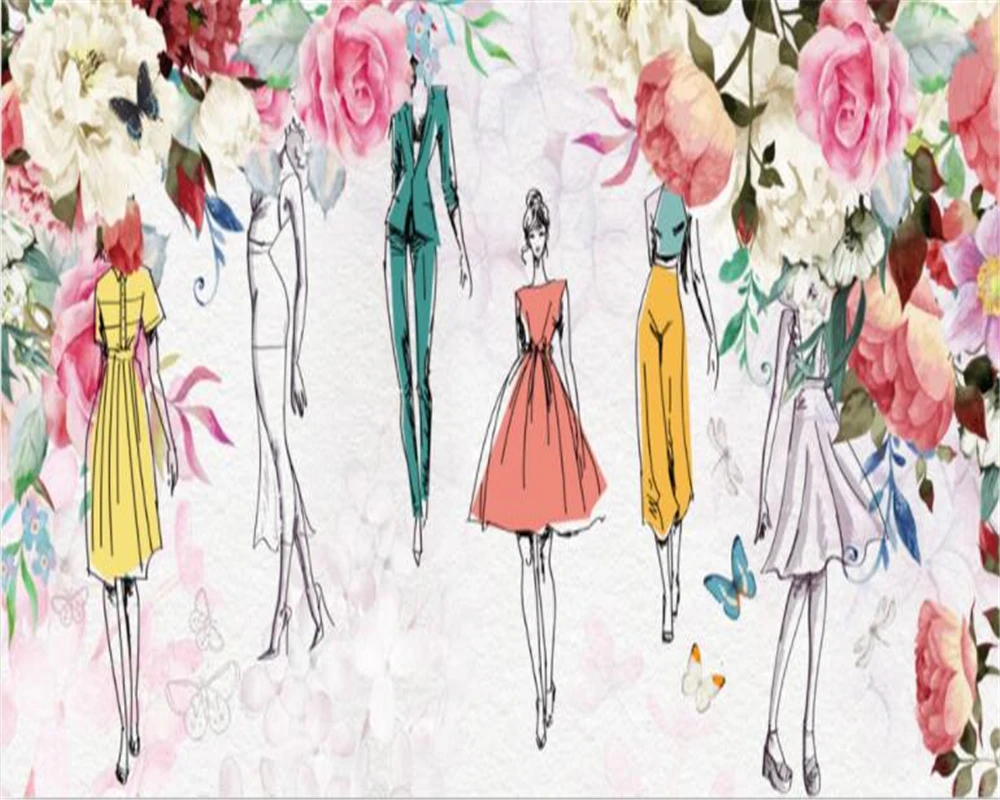 Custom Wallpaper Fashion girl hand drawing cartoon store clothing store background 3D wallpaper papier peint mural 3D