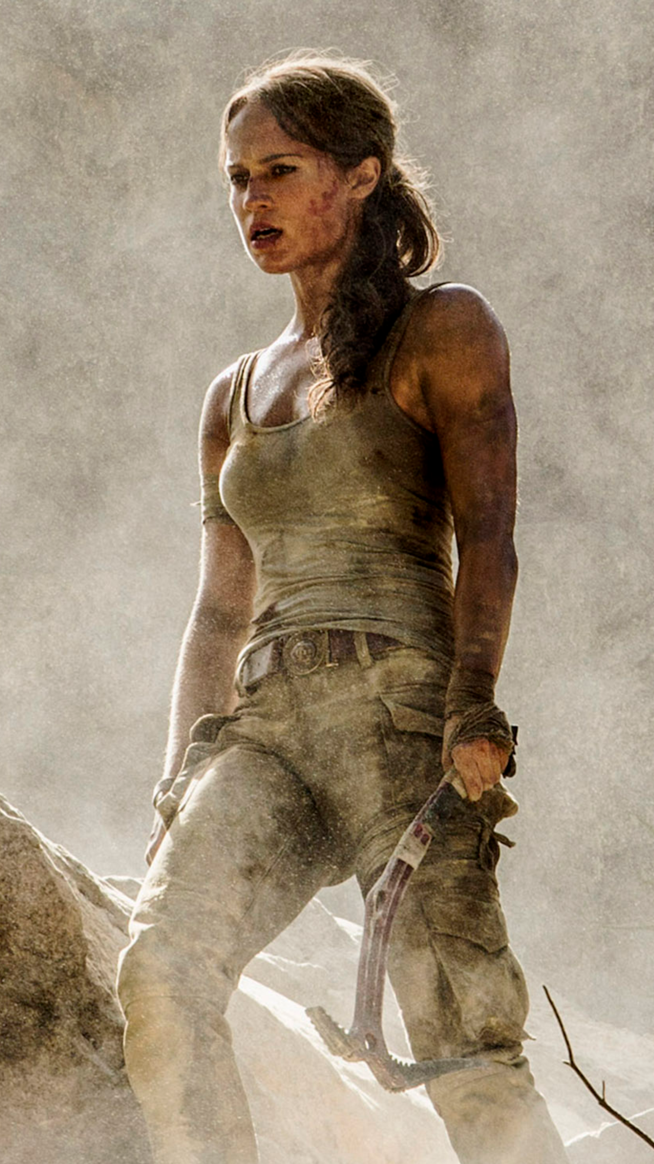 Tomb Raider Motion Picture Lara Croft Mobile Wallpaper feat. Angelina Jolie and Alicia Vikander
