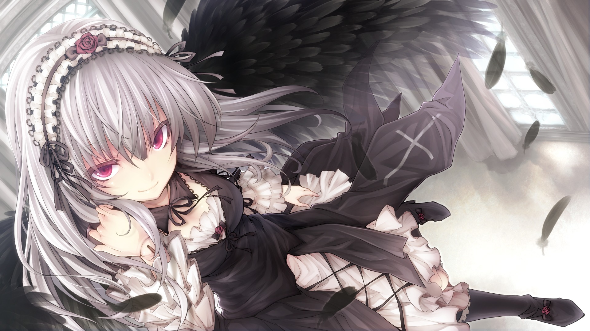 Wallpaper look, girl, flight, smile, wings, feathers, rozen maiden, suigintou for mobile and desktop, section сэйнэн, resolution 1920x1080