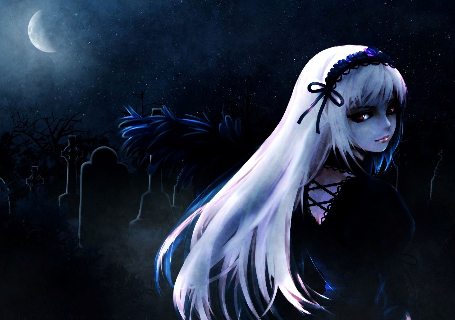 Phone wallpaper: Anime, Rozen Maiden, Cemetery, Gothic, Night, Suigintou (Rozen Maiden), White Hair 869922
