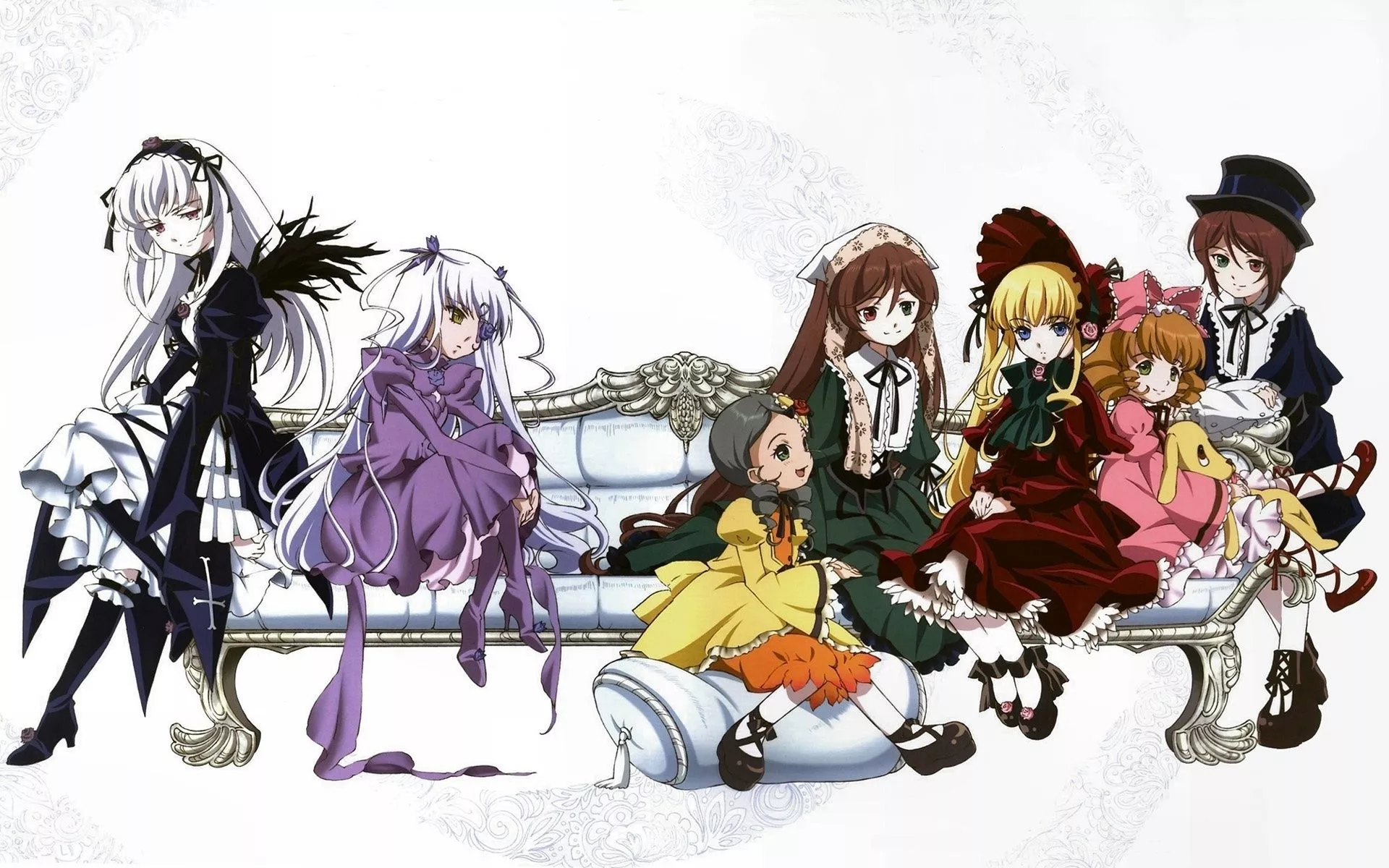 Wallpaper sofa, doll, white background, rozen maiden, suigintou, shinku, suiseiseki, Barasuishou for mobile and desktop, section аниме, resolution 1920x1200