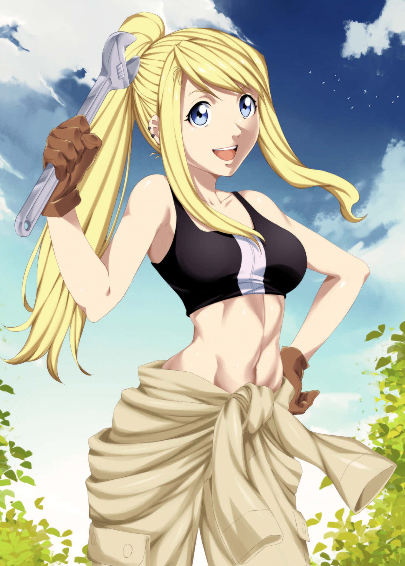 Download Winry Rockbell Smiling Enthusiastically with Wrench in Hand Wallpaper