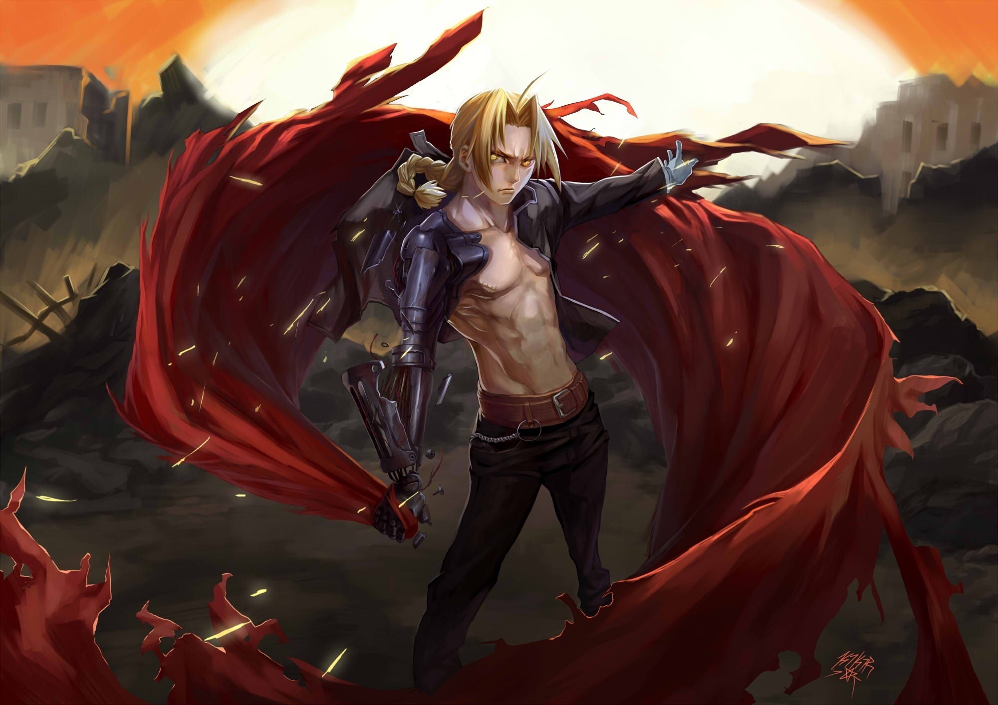 Wallpaper metal, hands, art, ruins, guy, cloak, edward elric, Fullmetal Alchemist for mobile and desktop, section аниме, resolution 2000x1414