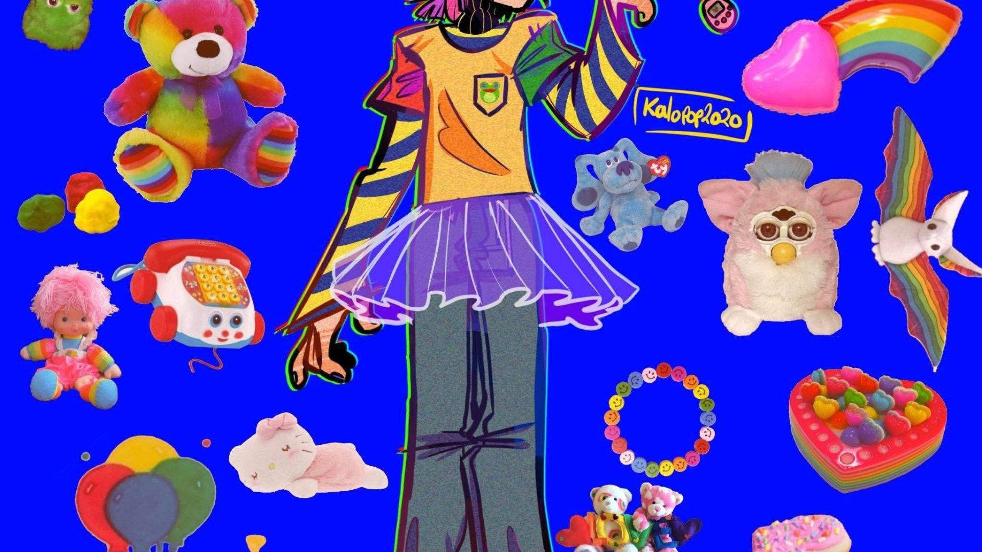 Download Dreamcore Girl With Stuffed Toys Wallpaper