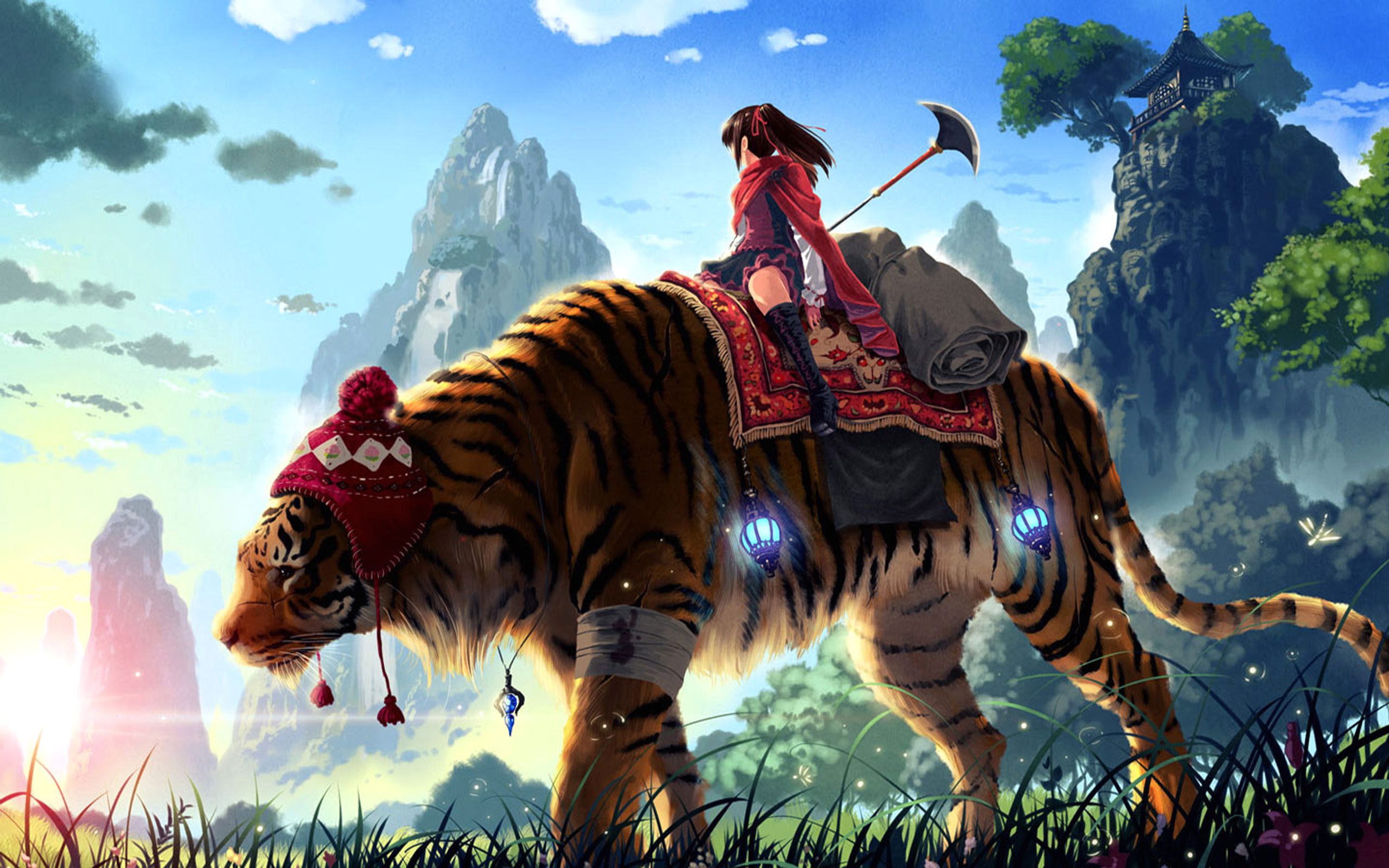 Desktop wallpaper: Mountain, Anime, Tiger, Animal, Weapon, Brown Hair, Hat, Boots, Sunlight, Lantern, Skirt, Necklace, Cape, Bandage 4K free download for PC. 171949