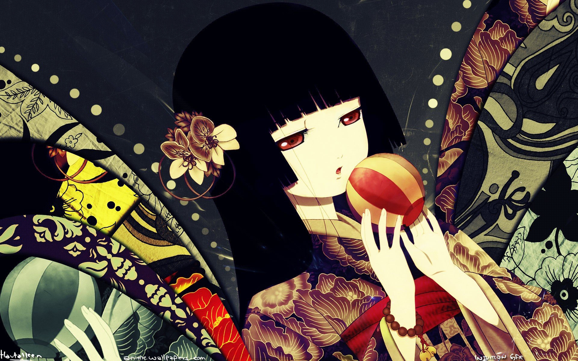 Jigoku Shoujo, Anime girls, Black hair, Long hair, Balloons, Flowers HD Wallpaper / Desktop and Mobile Image & Photo