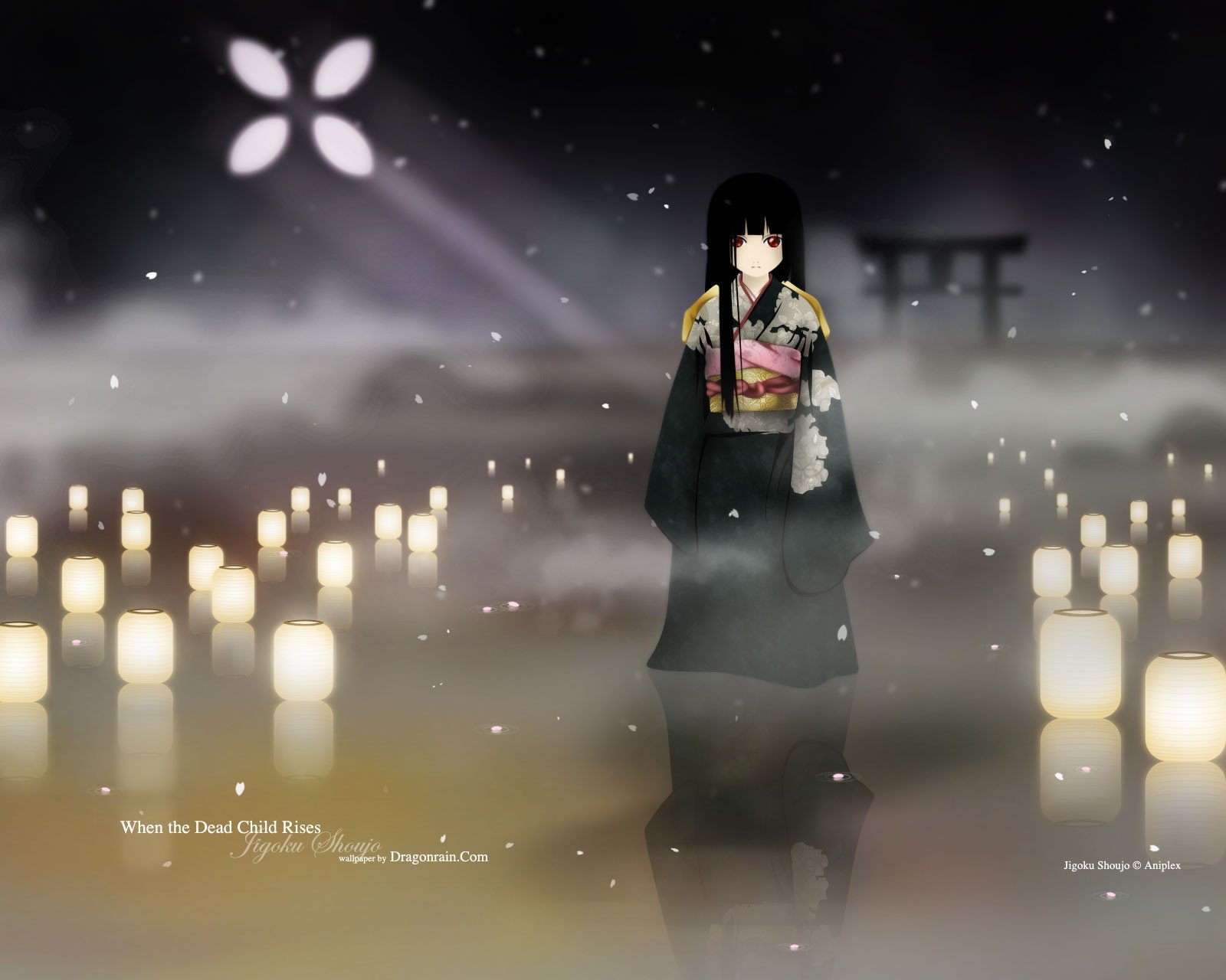 anime girls, Jigoku Shoujo, Kimono, Lantern, Night, Long hair Wallpaper HD / Desktop and Mobile Background