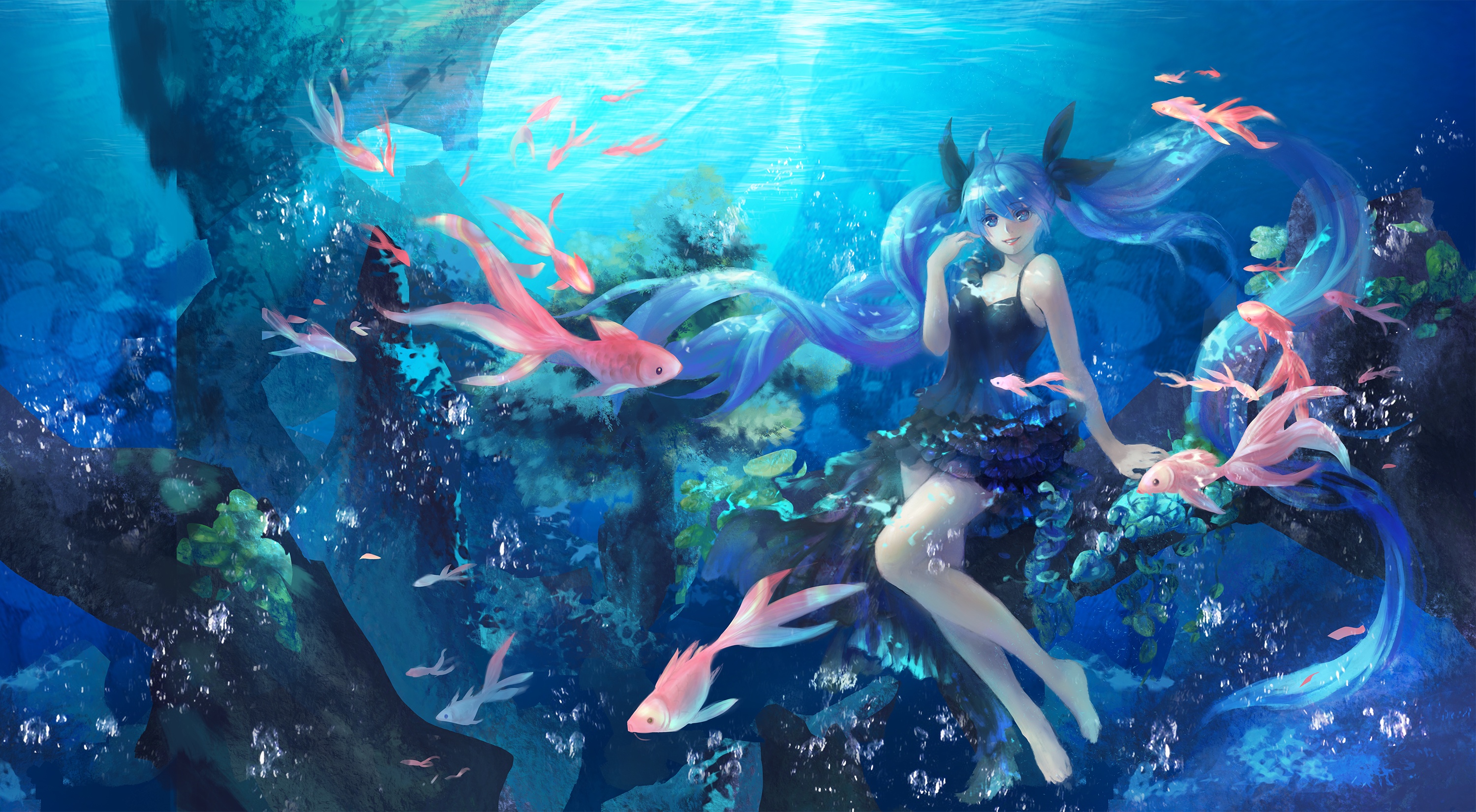 Wallpaper sea, girl, fish, art, vocaloid, hatsune miku, under water, shinkai shoujo for mobile and desktop, section аниме, resolution 3000x1651
