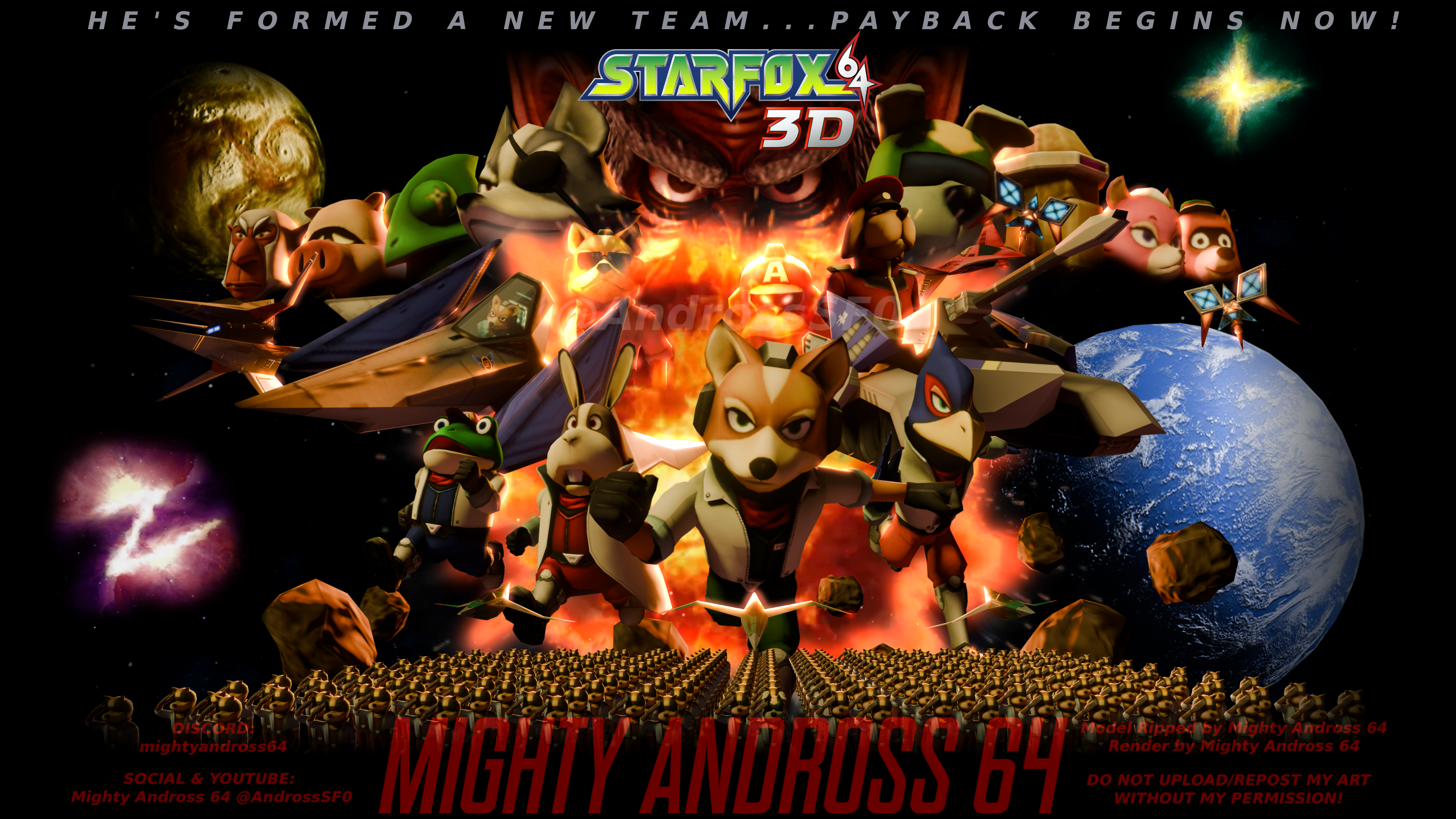 My Star Fox 64 3D render that combines the style of the original N64 & 3DS promo art. Added some other fun things, along with a few ideas from my other SF64