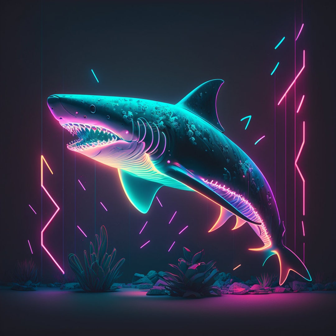 Neon Shark Design For Tumbler Sublimation, T Shirt Design, Wall Art