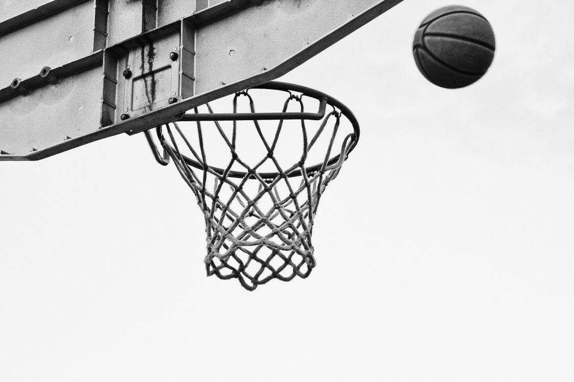 Wallpaper Basketball on Basketball Hoop in Grayscale Photography, Background Free Image