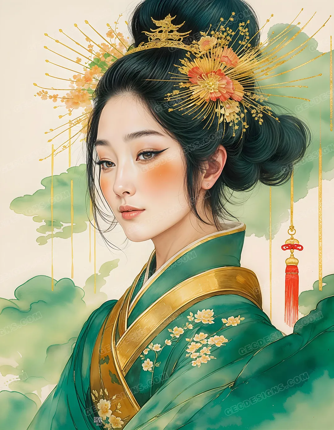 Digital art of a pretty Japanese princess with beautiful kimono wallpaper