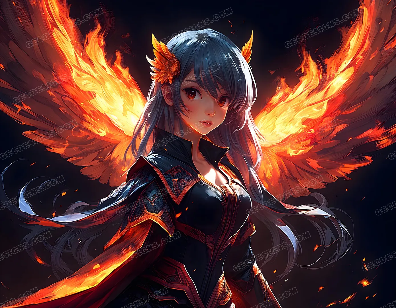 Cute anime girl with fire wings wallpaper