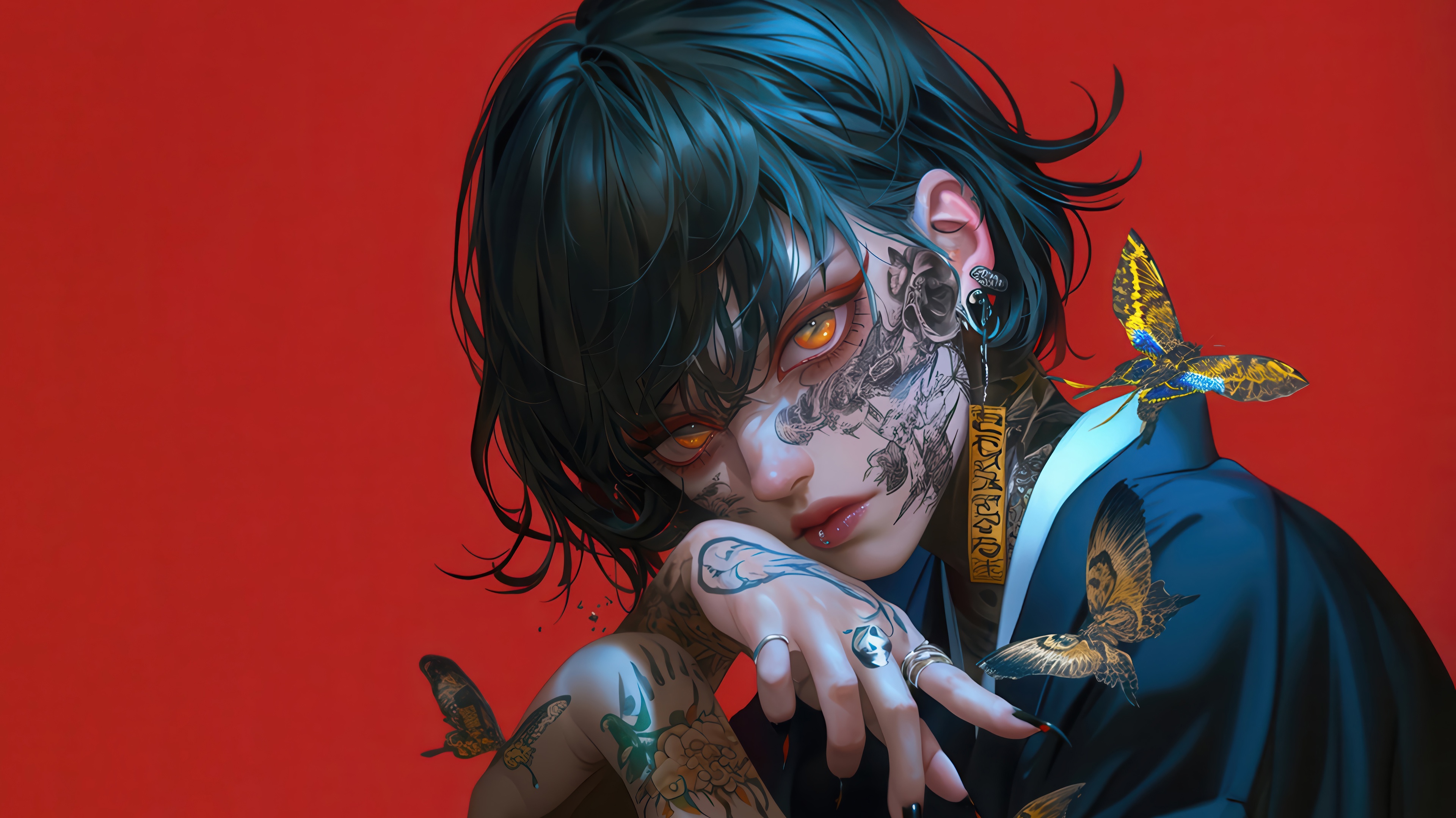 Wallpaper girl, anime, butterfly, red background, anime girl, AI Art for mobile and desktop, section ии арт, resolution 3840x2160