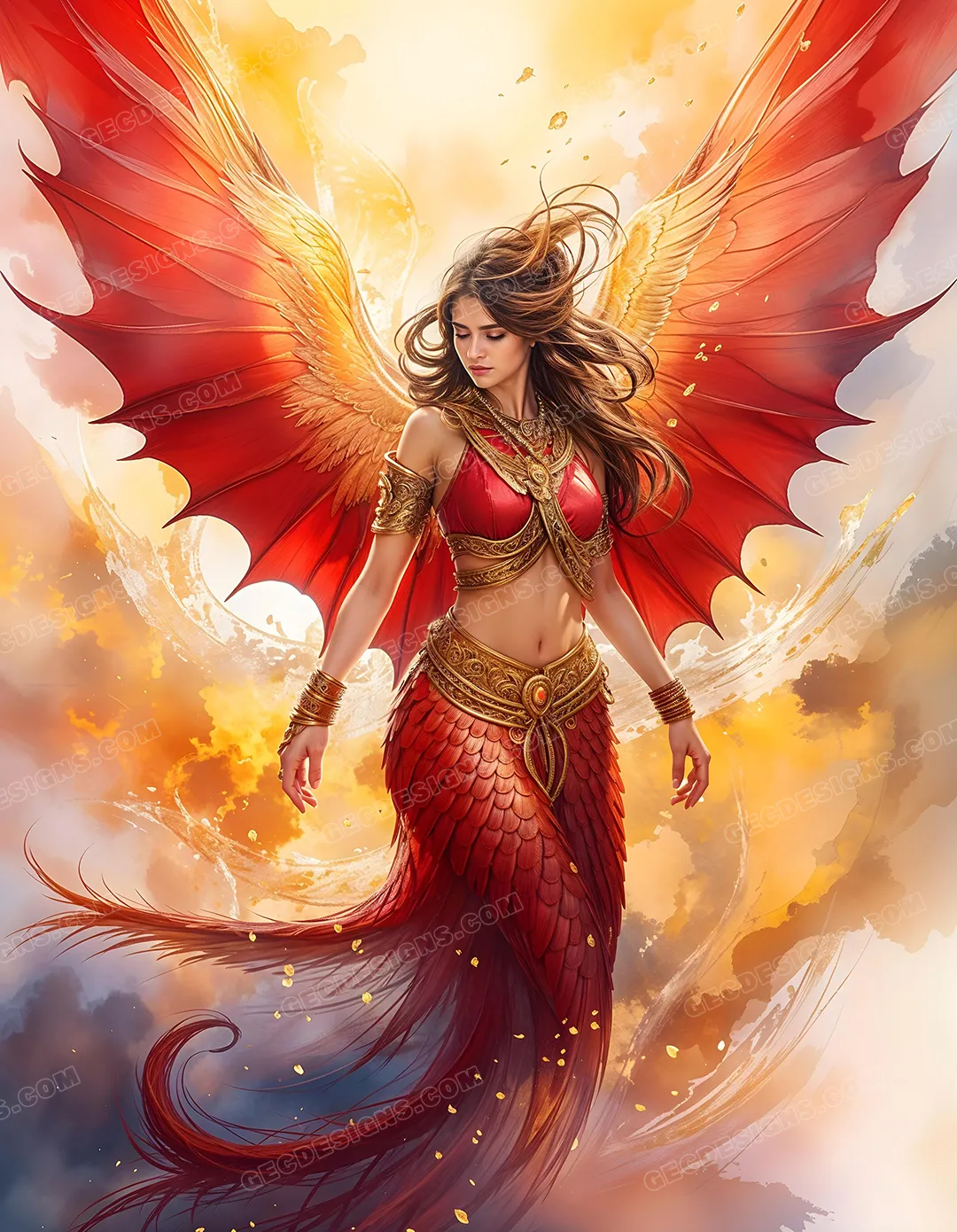 Anime Phoenix Queen with Big Red wings wallpaper