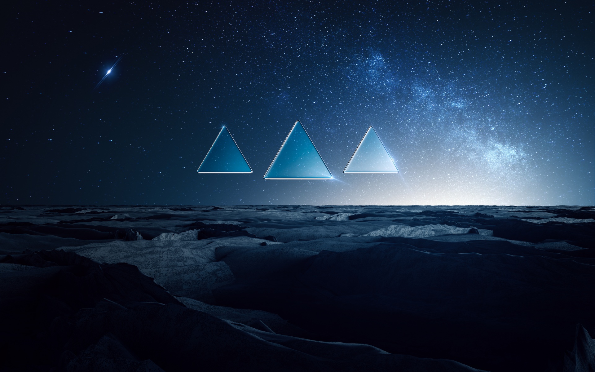 Winter Wallpaper 4K, Cold, Starry sky, Triangles, Blue