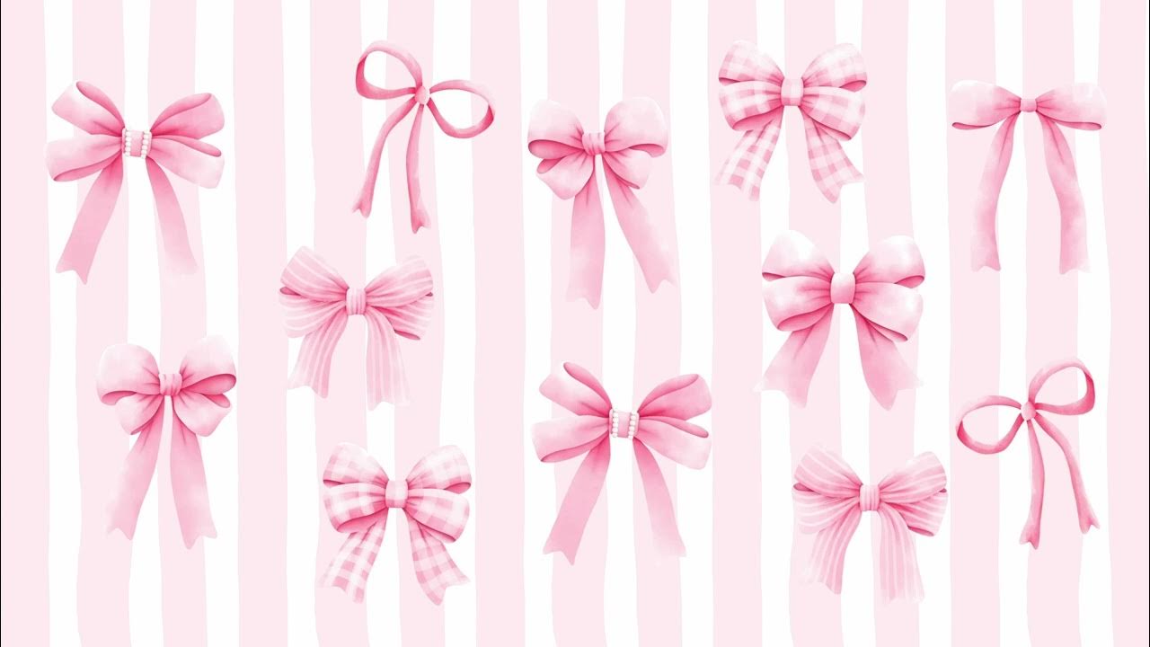 Aesthetic background. Coquette screensaver. Pink ribbons. Stripe wallpaper. Pink bows TV art