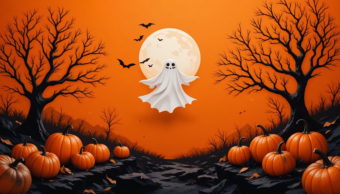Free Picture: A Funny Spooky Halloween Design, A White Ghost And Pumpkins, Illustration In Orange And Black Tones