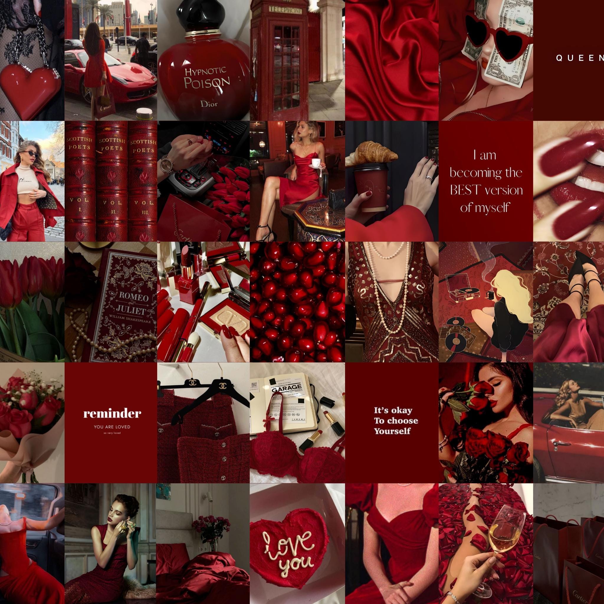 PCS. Cherry Red Aesthetic Collage Kit. Boujee Red Digital Poster. Cheri Cheri Lady Vibe Wall Art Collage. Burgundy Vibe Postcards