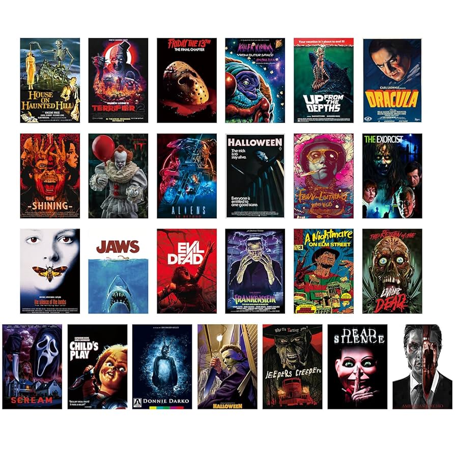 TYZZHOA 25PCS Classic Horror Movie Posters for Goth Room Wall Decor, Scream Posters for Room Aesthetic 90s, Vintage Film Theater Room Decor Posters Unframed 8.26x11.25 Inch, Amazon.com.au: Home
