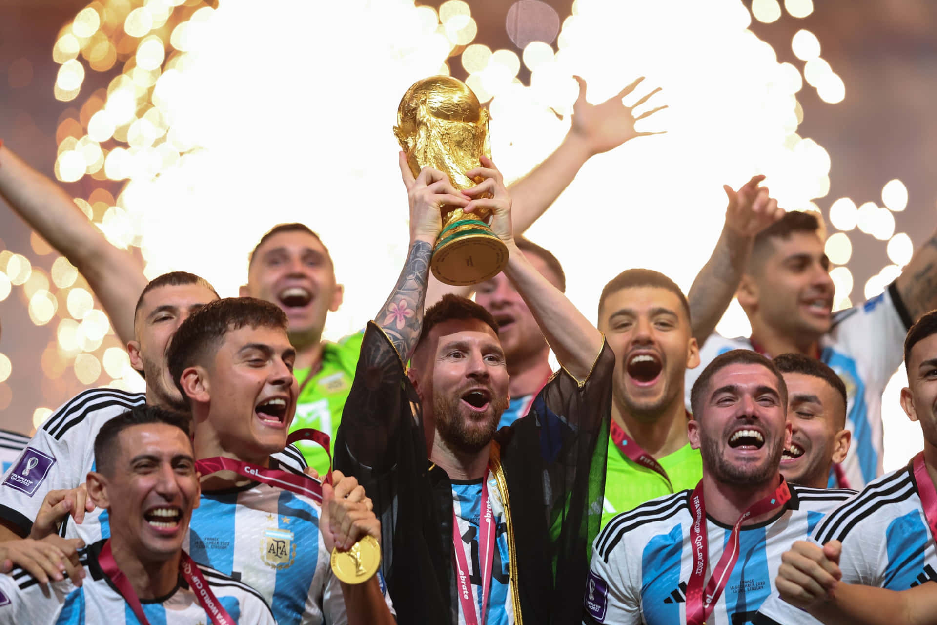 Download Lionel Messi Lifting World Cup Trophy Wallpaper
